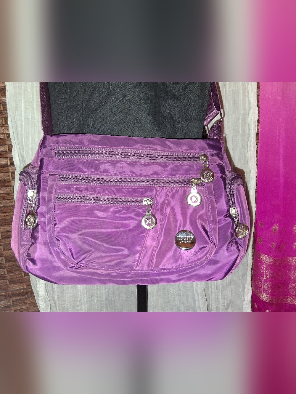 Purple Multi-Zip Crossbody Bag with Adjustable Strap